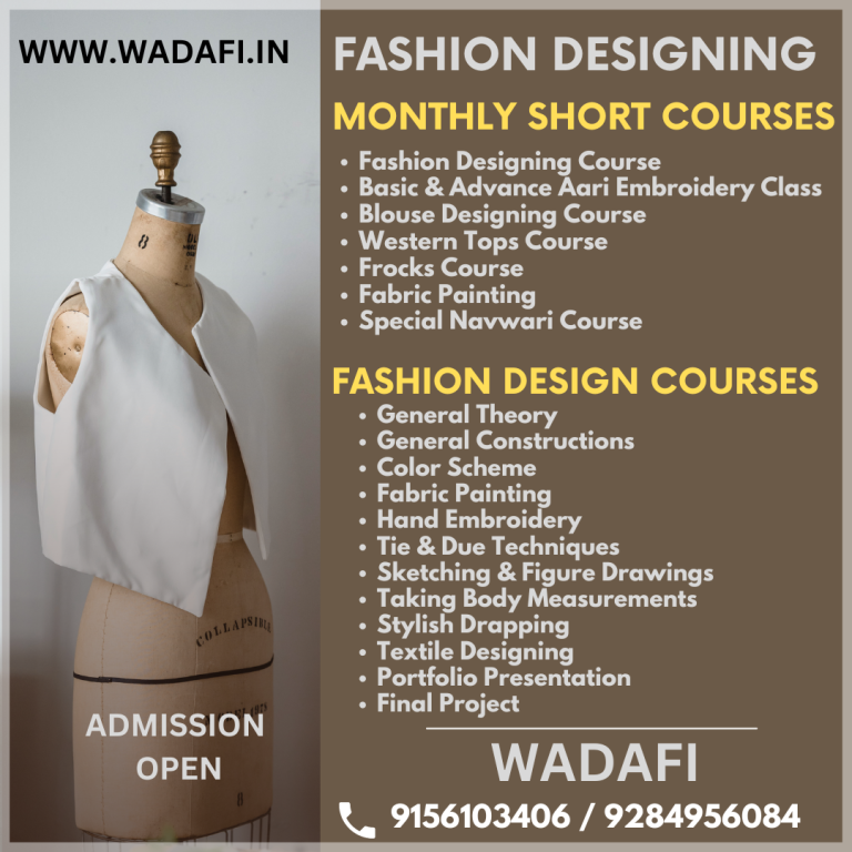 FASHION DESIGNING MONTHLY SHORT COURSES • Fashion Designing Course • Basic & Advance Aari Embroidery Class • Blouse Designing Course • Western Tops Course • Frocks Course • Fabric Painting • Special Navwari Course