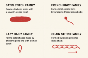 Surface Ornamentation Techniques Embroidery Outline stitch & Running stitch family Back stitch family Stem stitch family Chain stitch family Boucher and knotting stitch family Leaves and flowers stitch family Three-dimensional stitch family Split & woven stitch family Bengal kantha Kasuti Kamal kadai Kutch Phulkari Aari work Asmi beads work Zardosi work Mirror work Ribbon work Applique work Net applique work Lul work Shadow work Fabric paintings Outline Fillings Dots Stone stroke Dullen stroke Stone and dullen stroke Checks and lines Chainness stroke Stencil paintings Vegetable paintings White shade Black shade Block painting Dye and tie Sunburns Concentric circular Antik Marble Pleats dye Diamond Twist Shade Batik print Smocking